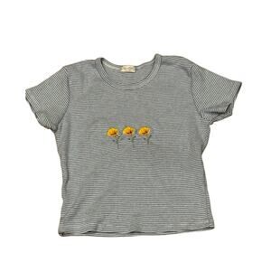John Galt Brandy Melville Blue White Striped Cropped embroidered Sunflower Tee